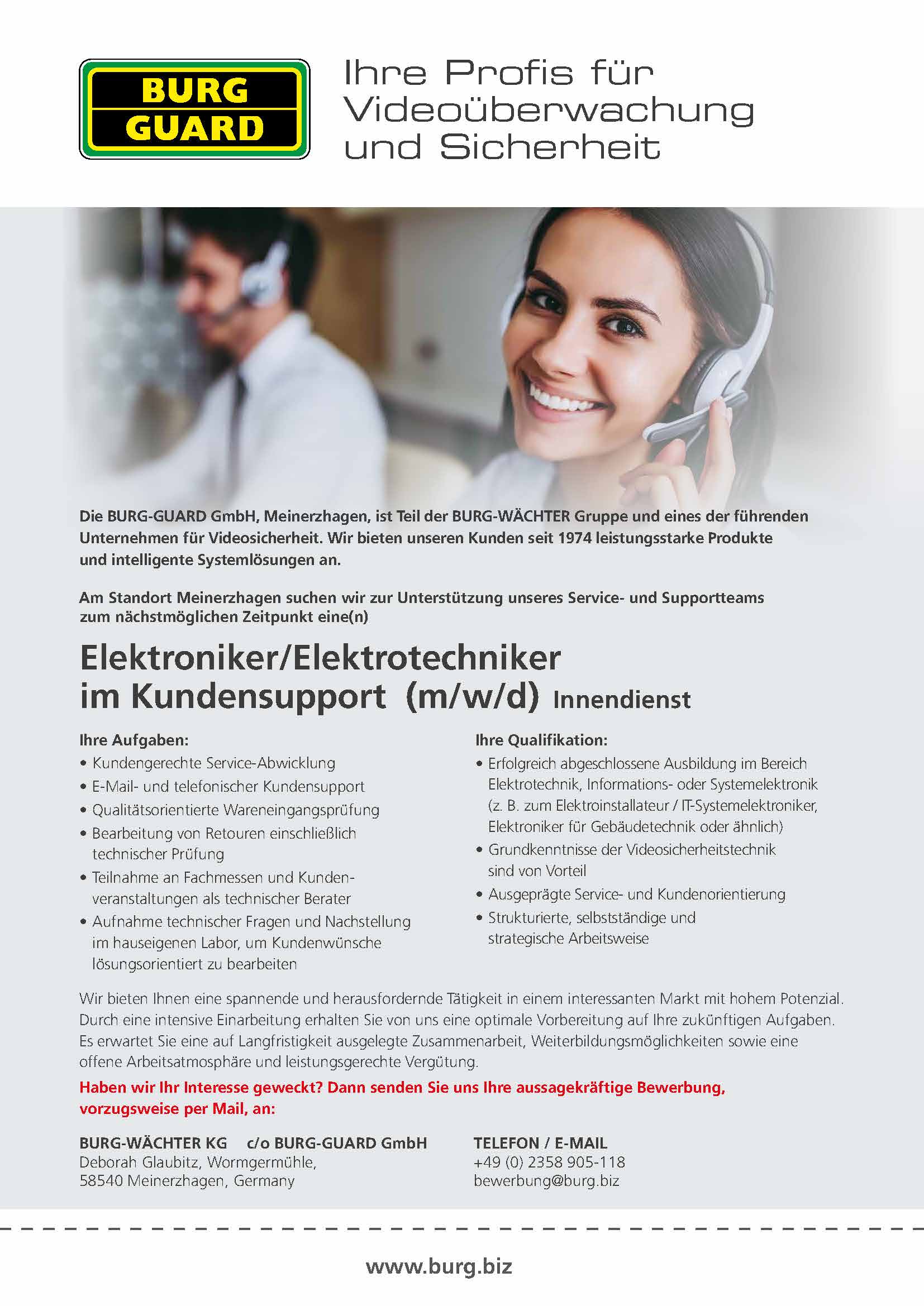 BURG-GUARD Karriere - Stellenausschreibung Elektroniker Elektrotechniker Kundensupport