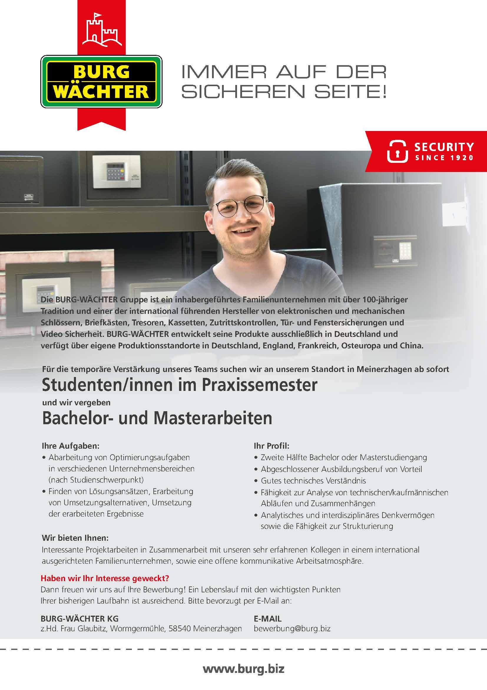 BURG-WÄCHTER Stellenausschreibung - Student_Praxissemester